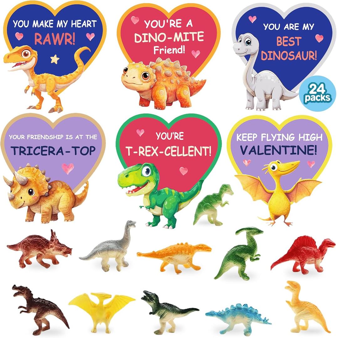 24 Packs Valentines Day Cards for Kids School with Mini Dinosaurs Figures Toys, Boys Girls Classroom Exchange