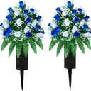 Artificial Cemetery Flowers, Gravesite Decoration Roses, Memorial Bouquets with Cemetery Vase, Vibrant and Long-Lasting Colors (Dark Blue+White, 2 Bundles)
