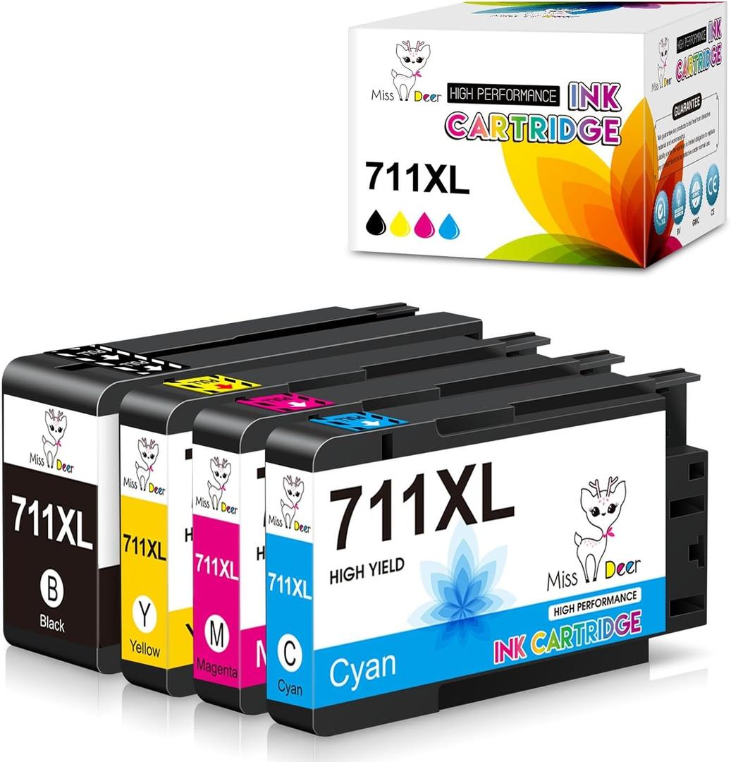 Miss Deer 4 Pack 711XL Ink Cartridges High Yield Compatible Replacement Ink for HP 711 711XL Ink,Work for HP Designjet T120 T520 24-in T520 36-in Printer(Black,Cyan,Magenta,Yellow)