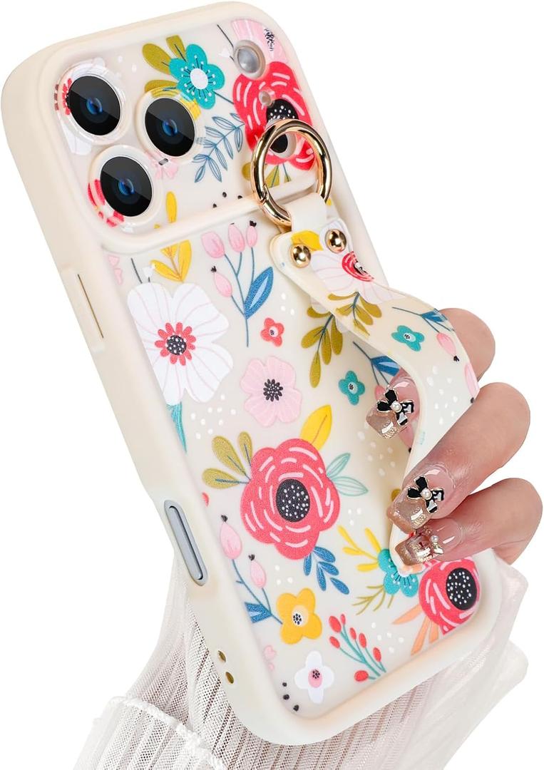 Compatible with iPhone 17 Pro Max Case with Finger Hand Wrist Strap for Girls Women, Cute Flowers Floral Phone Case with Wristband Kickstand, Durable Silicone Protective Cover, Blossom