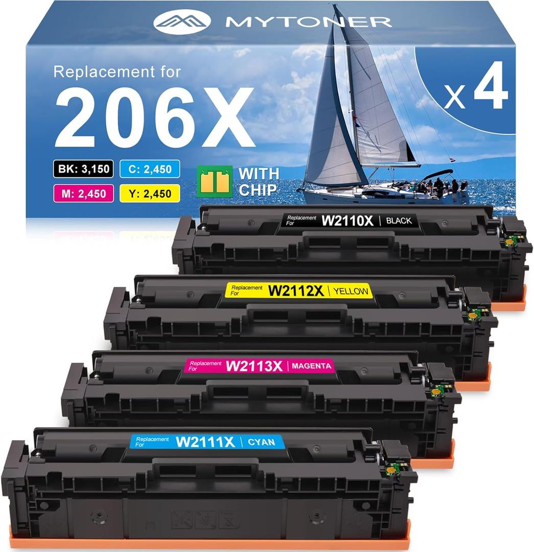 MYTONER 206X Toner Cartridges 4 Pack High Yield (with Chip) Compatible Replacement for HP 206A 206X for Color Pro MFP M283fdw M283cdw M282nw Pro M255dw M255nw M283 M255 M282 Printer W2110X W2110A (206X Black Cyan Magenta Yellow)