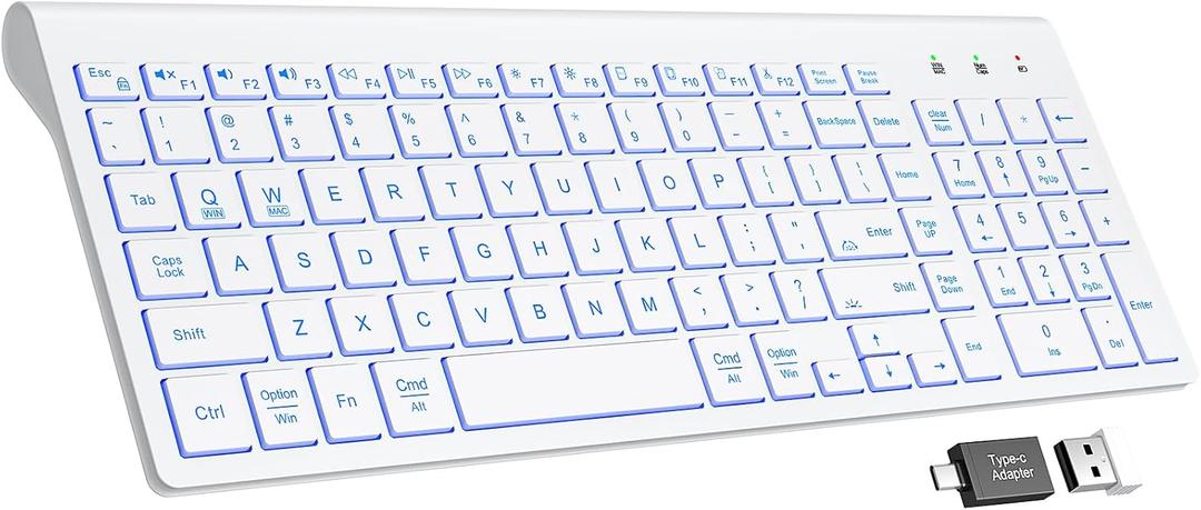 SABLUTE Wireless Keyboard with 7 Colored Backlits, Rechargeable Silent Compact Cordless Computer Keyboard with Low Profile Quiet Light Up Keys for Windows, PC, Linux, Chrome, Mac (White)
