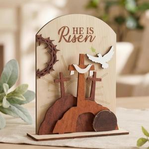 Wesiti He is Risen Easter Decor Empty Tomb Religious Decoration Christian Resurrection Scene Jesus Cross Table Centerpiece for Easter Catholic Gifts Home Office Church Tiered Tray Shelf Desk
