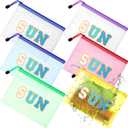 Kacctyen 12 Pcs Sunscreen Bag Clear Makeup Bag Beach Vacation Essentials Summer Pool Waterproof Toiletry Pouch Portable Preppy Letter Mesh Zipper Organizer for Women Family Travel Gifts(Blue,Sun)