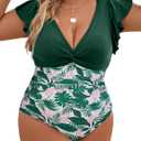 Blooming Jelly Womens Tummy Control Bathing Suit One Piece Plus Size Swimsuits Lace Up Back Ruffle Swim Suits 2025 (3X-Large Plus, Green Floral)