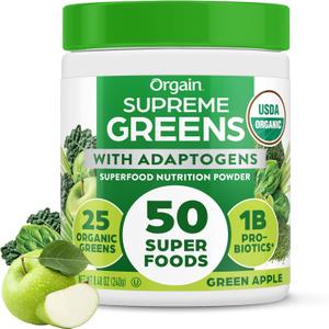 Orgain Supreme Greens Powder with 25 Organic Greens, 50 Superfoods, 1 Billion Probiotics, and Adaptogens, Vegan Greens for Gut Health and Immune Support, 1.5 Servings of Fruit and Veggies, Green Apple (EXP 05/13/26)