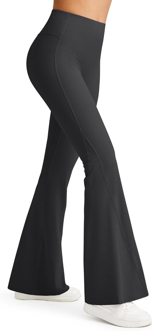 G4Free Ribbed Flare Yoga Pants for Women High Waisted Bell Bottom Leggings Tummy Control Petite/Regular/Tall (Medium, Black)