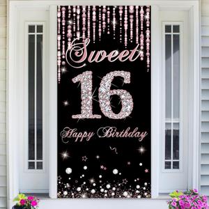 Sweet 16 Birthday Door Backdrop Rose Gold, Sweet Sixteen Party Decorations, Happy 16th Birthday Decorations for Girls, 16 Year Old Birthday Yard Sign Banner Photo Props Decor, Fabric