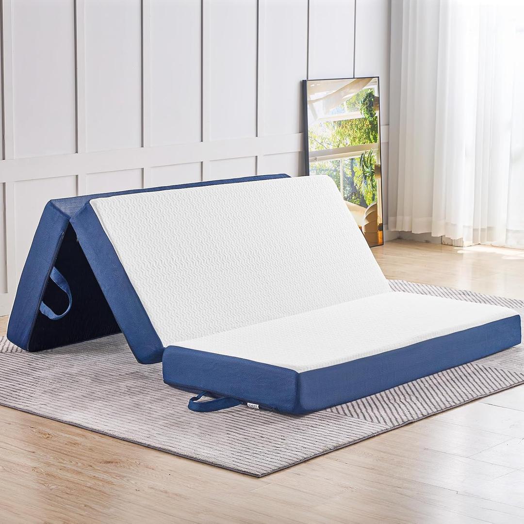CYMULA Folding Mattress Queen Size,4 inch Memory Foam Tri Portable Trifold Mattress Topper Queen with Breathable & Washable Cover, Foldable Sofa for Camping