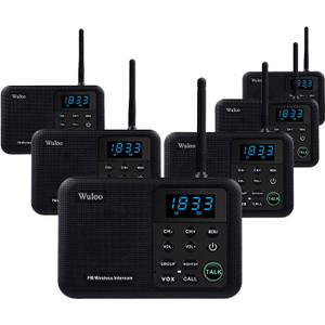 Wuloo Intercoms Wireless for Home 1 Mile Range 22 Channel 100 Digital Code Display Screen, Wireless Intercom System for Home House Business Office, Room to Room Intercom Communication (6 Packs, Black)