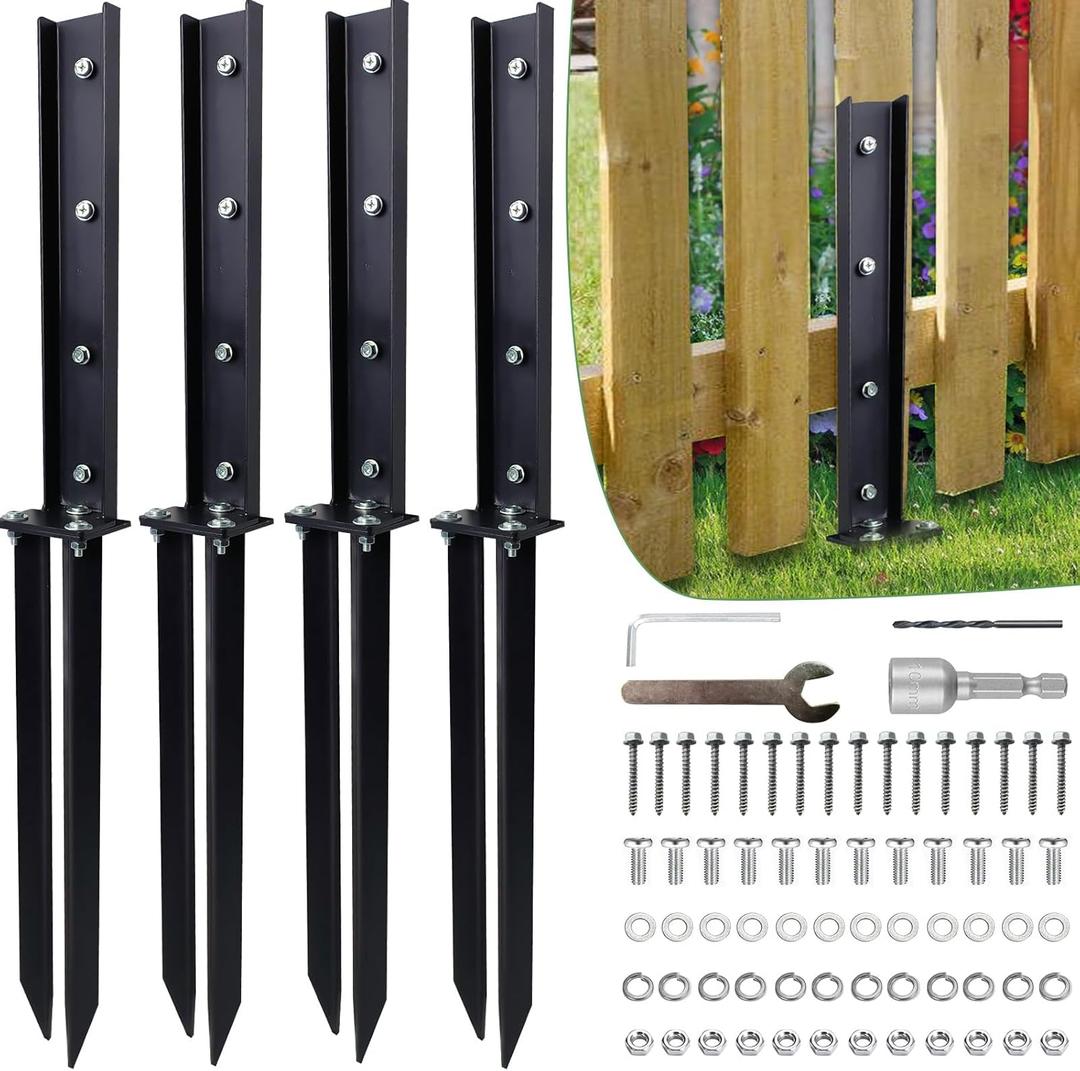 Pack of 4 Fence Post Repair Kit Fence Post Anchor Kit, Heavy Duty Steel Fence Post Repair Stakes, Fence Post Anchor Ground Spike for Repairing Tilted Broken Wooden Fence Post, Black