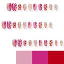 30Pcs Short Almond Press on Nails Valentines Fake Nails with Flower Love Heart Stripe Design Pink Full Cover False Nails Valentines Heart Nails Press ons Full Cover Artificial Stick on Nail for Women
