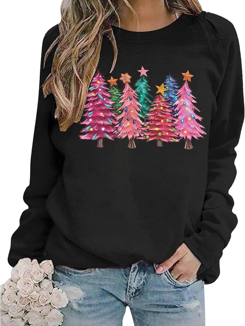 Christmas Sweatshirts Women Christmas Tree Graphic Long Sleeve Shirts Xmas Holiday Party Pullover Blouse (XX-Large, Black)