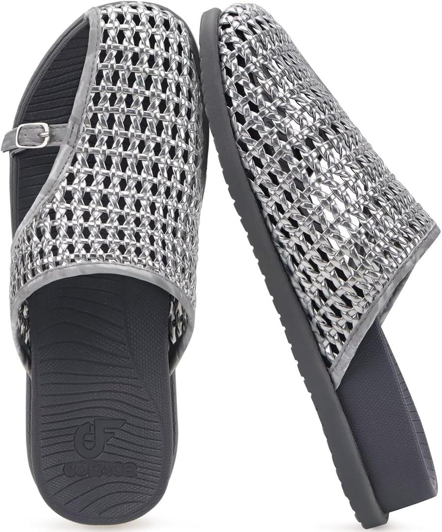 COFACE Womens Dressy Orthotic Sandals with Plantar Fasciitis Arch Support Ladies Breathable Woven Mesh Mules Lightweight Fashion Flats Sandles Comfortable Cushion Walking Slides