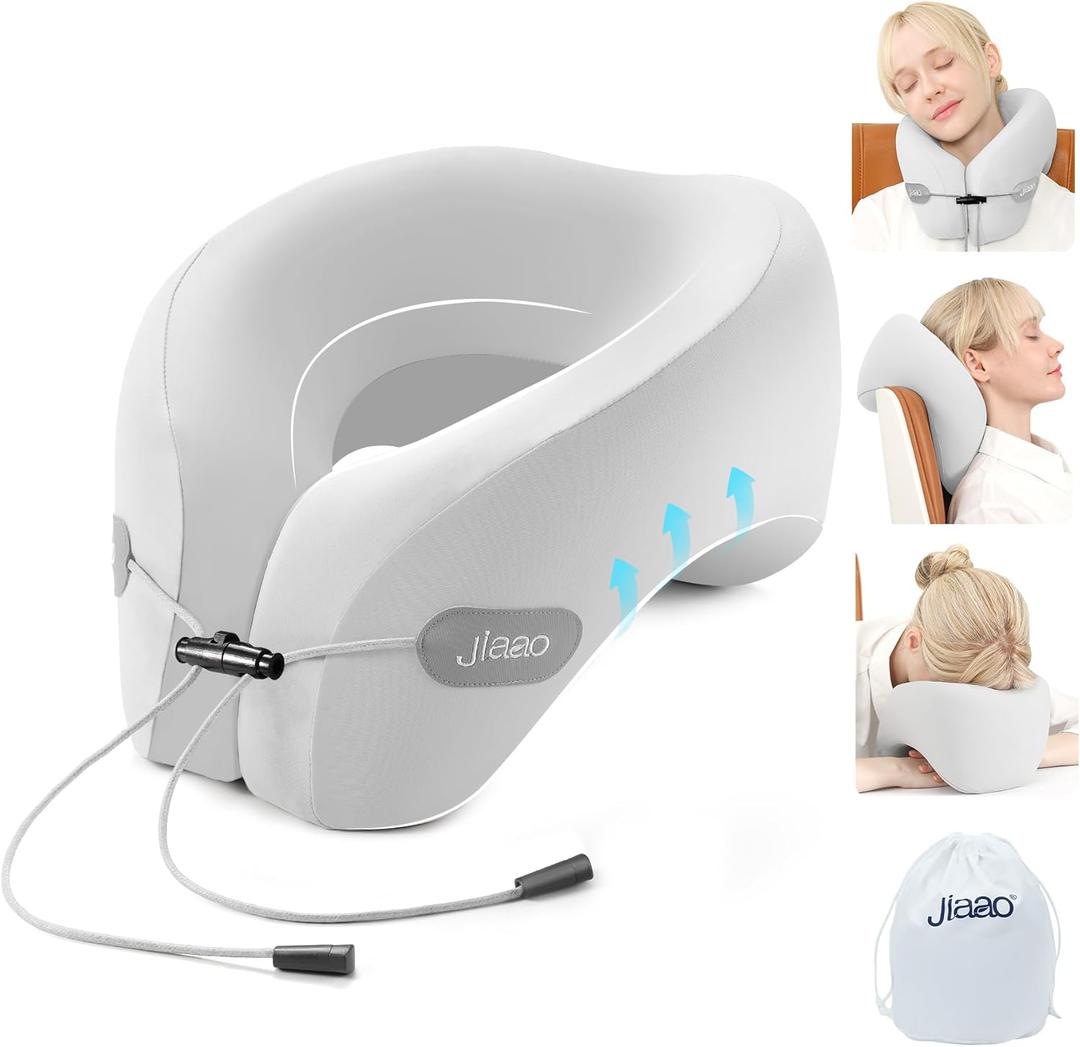 Travel Neck Pillow Memory Foam Neck Support, 2025 Upgraded Advanced Travel Pillow for Road Trips, Adjustable Clasp, Storage Bag, Airplane Pillow for Travel, Home, Office, and Gaming (Grey)