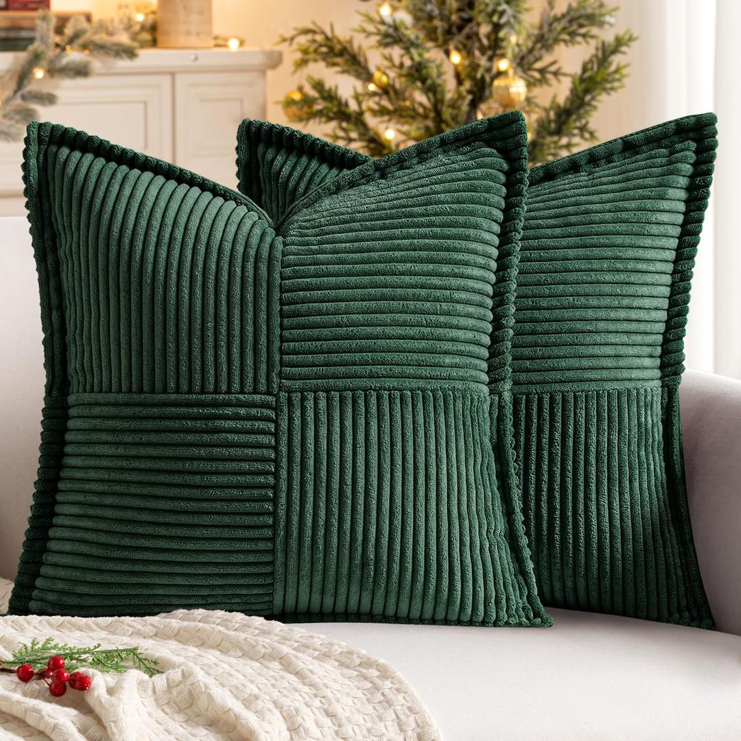 MIULEE Christmas Decorative Throw Pillow Covers for Couch Bed Livingroom 18x18 Inch Set of 2 Dark Green Boho Accent Throw Pllows Broadside Striped Patchwork Soft Corduroy Pillowcases