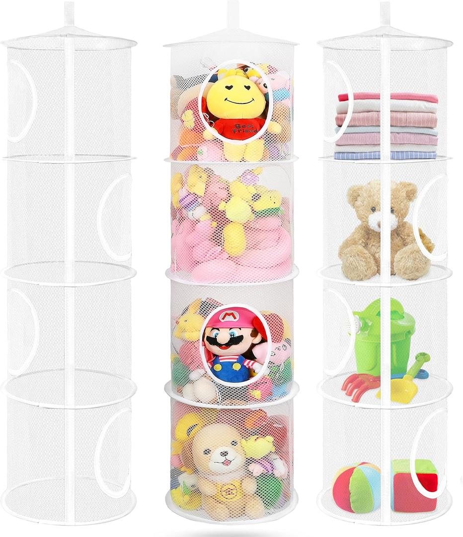3Pcs Stuffed Animal Storage Foldable Stuffed Animal Net or Hammock Organizer, 4 Compartments Hanging Toy Storage Organizer, Toy Organizer for Kid Room Toys, Gloves, Hats, Socks(White)