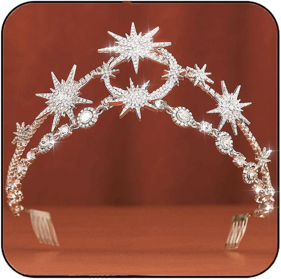 GORTIN Star Moon Crown Silver Bride Wedding Headband Rhinestone Tiara Goddess Headpiece Bridal Hair Accessories for Women
