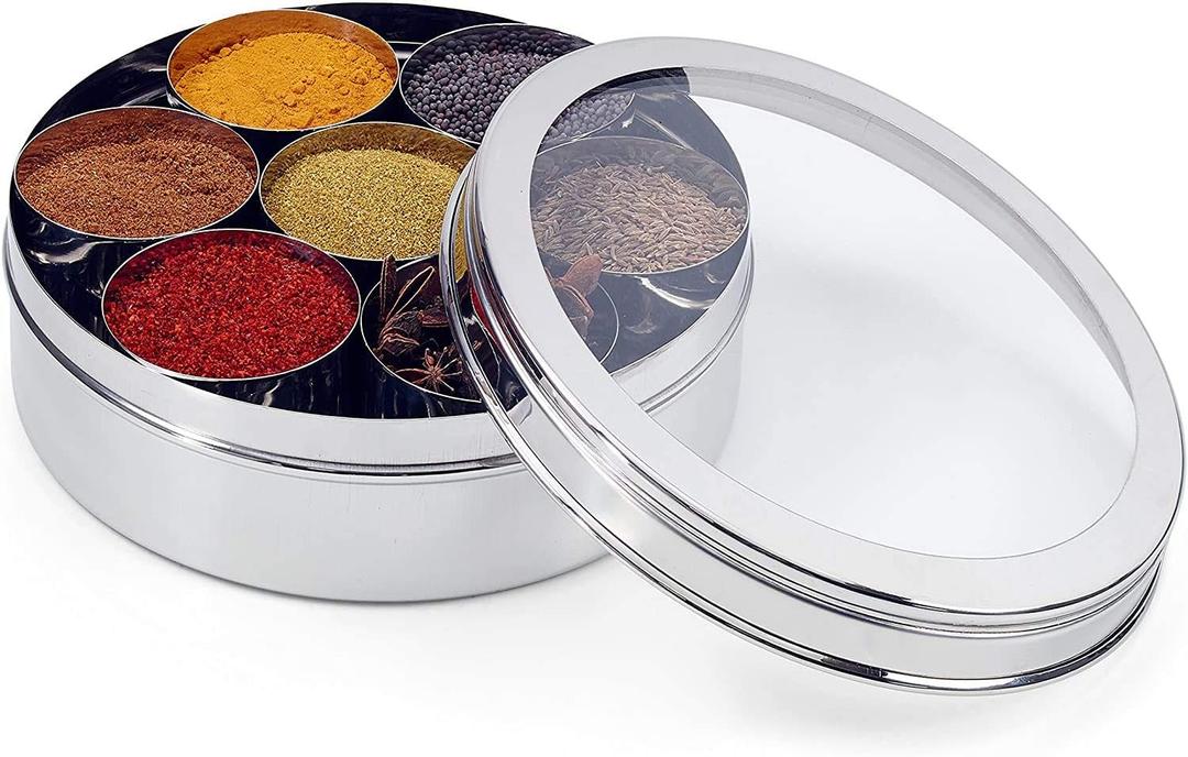 Mother's Day Gift Stainless Steel Spice Container 7 Containers and Small Spoon Orange See Through Masala Box Indian Masala Dabba with size 8 X 8 inches