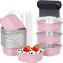 LNYZQUS 5oz Square Cupcake Pan With Lids 40 Pack, Aluminum Foil Muffin Pan Cups, Disposable Ramekins Mini Cake Brownie Baking Pans Jumbo Cupcake Liners Muffin Tin - Pink