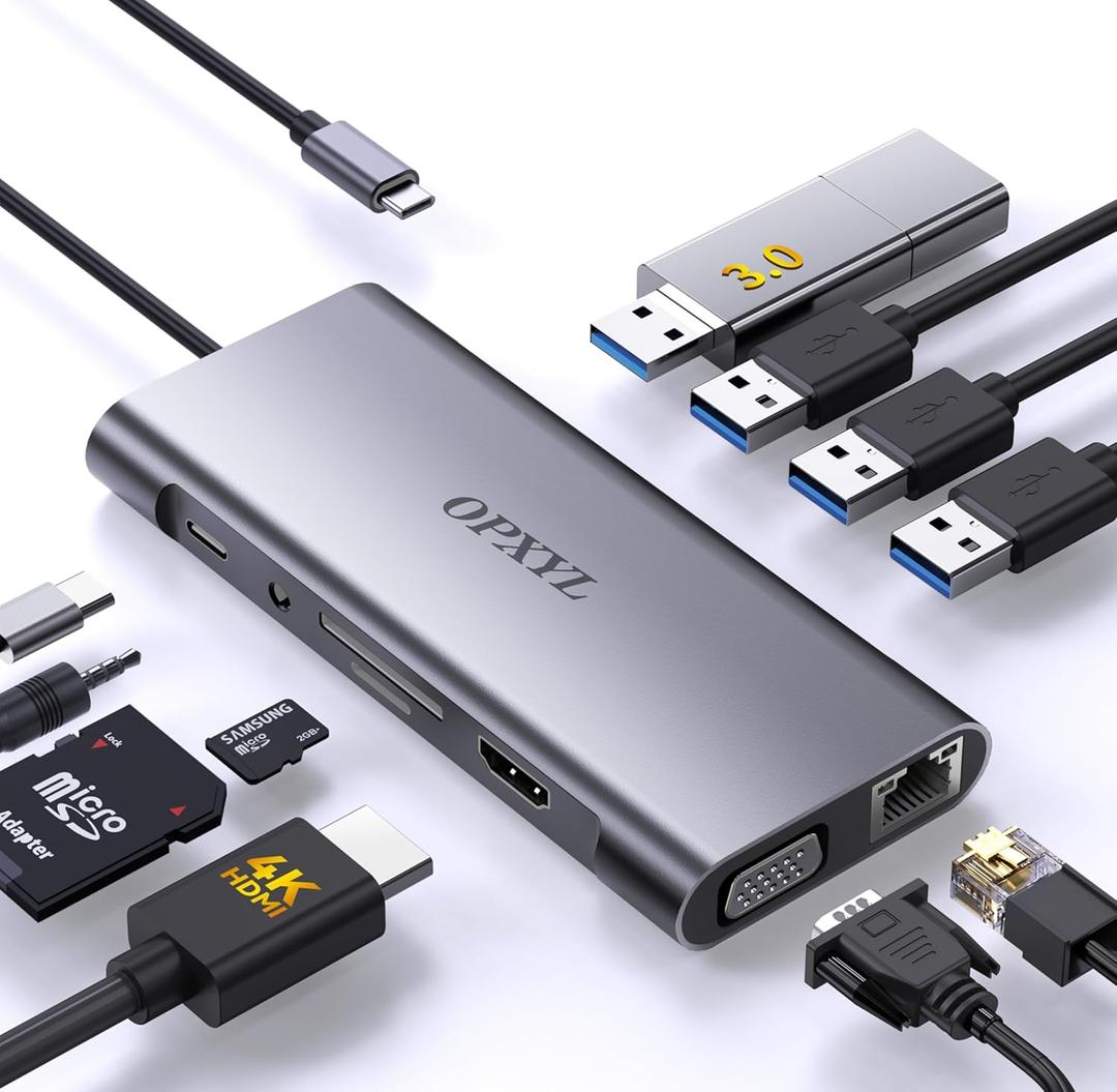 OPXYL 11-in-1 USB C Hub Multiport Adapter, USB C Docking Station with 4K HDMI, VGA 1080P, 100W PD, Ethernet, SD/TF, Audio, USB 3.0 Port, Laptop Dock for MacBook Pro/Air, iPad, Windows (Grey)
