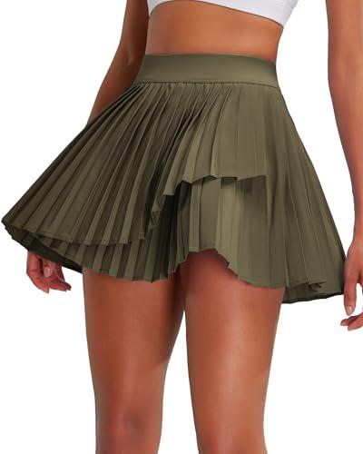 RUNNING GIRL Women's Pleated Tennis Skirts with Pockets High Waisted Tummy Control Casual Athletic Workout Golf Skorts(3090 Army Green M)