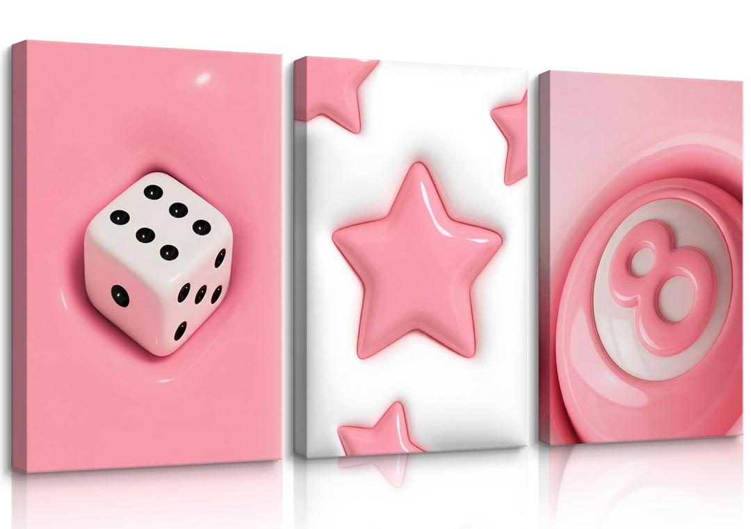 PXISMZZYXGS 3 Piece Pink Y2K Wall Art, 16x24 Inch Trendy Funky Preppy Dice Star Lucky 8 Ball Canvas Prints, Ready to Hang for Girls Room Dorm Bedroom Game Room Apartment
