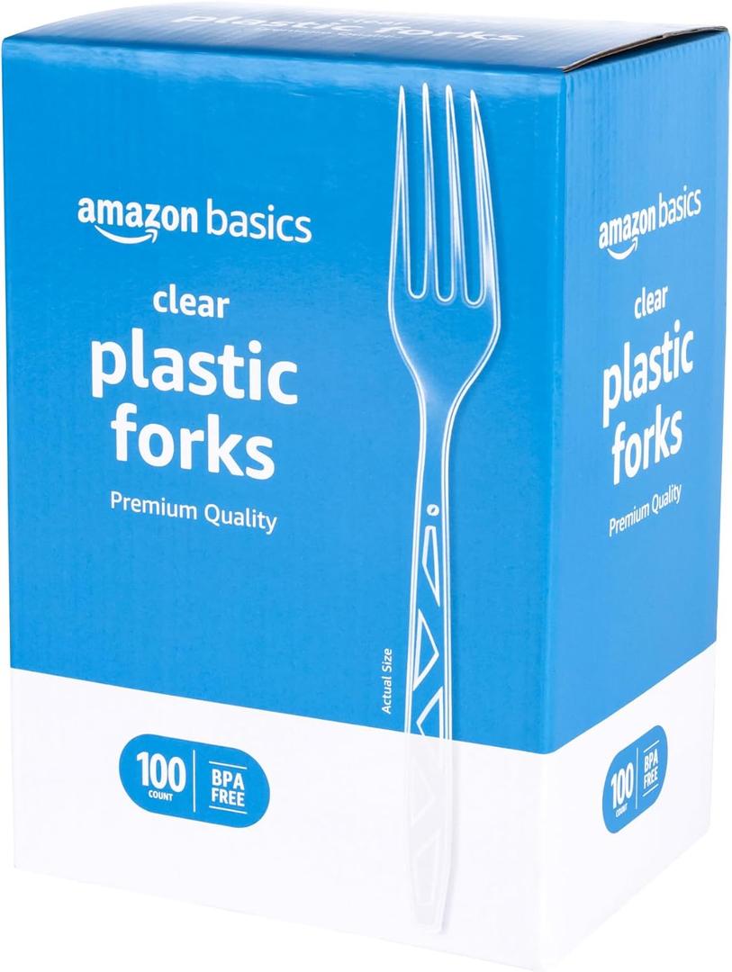 Amazon Basics Disposable Clear Plastic Forks, Premium Quality, 100 Count, Large Pack, Clear 