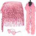 Sequin Skirt - Sequin Skirt for Women Fringe Skirt Belly Dance Rave Disco Cowgirl Sparkle Skirt, with Sunglasses + Boa (One Size Short, Pink)