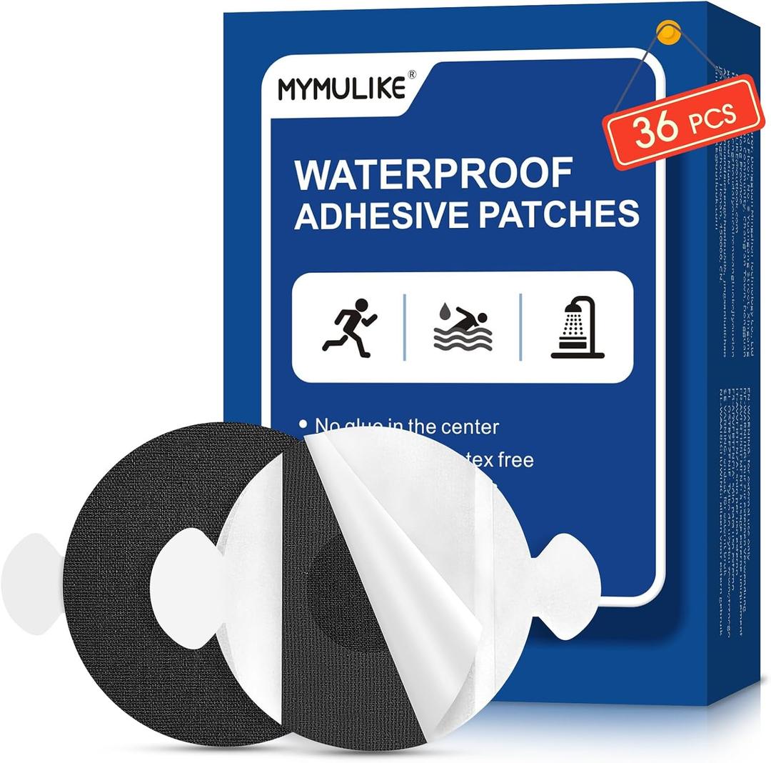 MYMULIKE 36PCS Waterproof Libre 3 Plus Sensor Covers, Adhesive Patches for Libre 1/2/3/3 Plus, Adhesive Bandages, Skin-Friendly, No Glue in The Center, 14-Day CGM Protection, Black