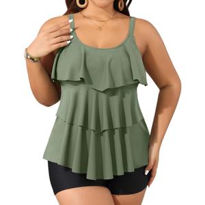 Yonique Women's Plus Size Tankini Swimsuits with Shorts Two Piece Bathing Suits Ruffle Swimsuits Tummy Control Swimwear (Army Green), 18 W 
