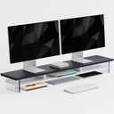 FENSULN Dual‑Tier Monitor Stand for Modern Desk Setup – Minimalist Wooden and Metal Riser Shelf with Transparent Acrylic Feet for Dual Monitors, Laptops, Home Office Aesthetic，Black and White