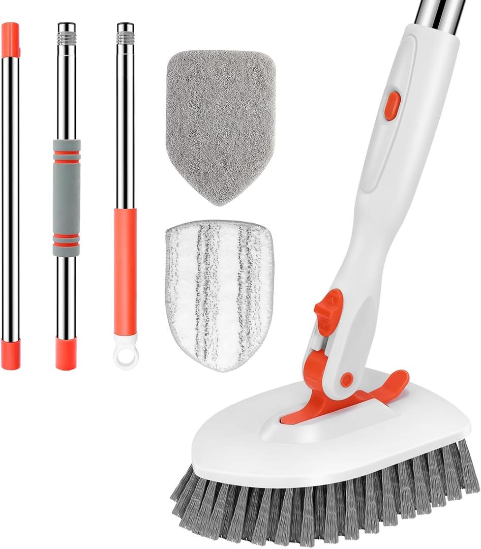 SetSail Floor Scrub Brush, 3-In-1 Tile Tub Floor Scrubber with 52-inch Adjustable Long Handle Shower Cleaner and 3 Detachable Replacement Brush Heads for Cleaning Bathroom Kitchen Walls Tub Tile (Orange)