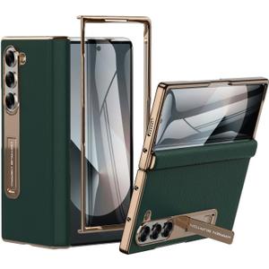 for Samsung Galaxy Z Fold 6 Phone Case,Luxury Premier Genuine Leather,Full Body Hinge Protection,Built-in Screen Protector,Kickstand Slim Protective Cover for Galaxy ZFold 6 (Green)