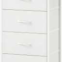 Somdot Tall Dresser for Bedroom, 5 Drawers Nightstand Vertical Storage Tower Unit, Night Stand Furniture with Fabric Drawer Organizer in Bedside Hallway, Entryway, Kids Room, Closet, White Leather