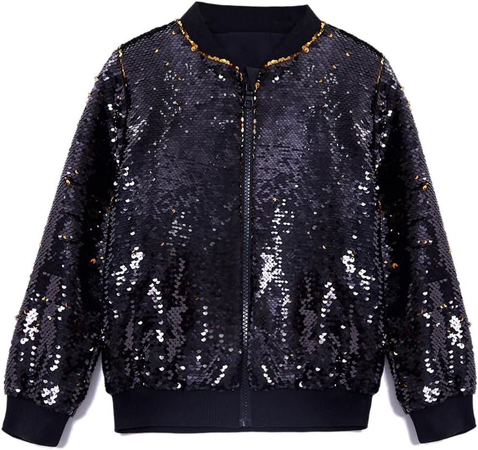 Cilucu Kids Jackets Girls Boys Flip Sequin Zipper Coat Jacket for Toddler Girls Birthday Outerwear Clothes (8 Years, Black Turn Gold (Bomber Style))