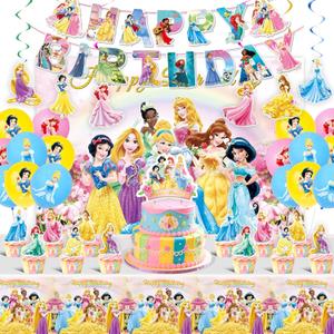 Princess Birthday Party Supplies, Party Decorations Set Includes Banner, Backdrop, Balloons, Hanging Swirls, Cake Cupcake Toppers, Tablecloth for Girls Princess Theme Party