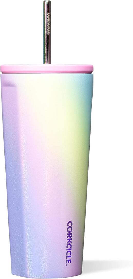 Corkcicle Cold Cup Insulated Tumbler with Straw - Keeps Drinks Cold for 12 Hours - Triple-Insulated Stainless Steel - Leak-Resistant Lid - Summer Drinkware Gift - 24 oz - Rainbow Unicorn