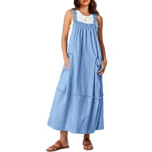 Cicy Bell Women's Denim Overall Dress Casual Adjutable Strap Back Drawstring Loose Jumper Bib Maxi Dresses with Pockets S