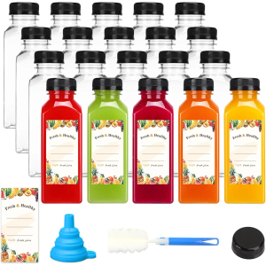 Moretoes 20pcs 12oz Plastic Juice Bottles with Caps, Empty Reusable Drink Containers with Labels, Clear Juice Bottles for Juicing Milk Smoothie Drinking and Other Beverages
