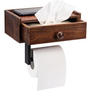 Toilet Paper Holder with Storage, Rustic Farmhouse Toilet Paper Holder with Shelf Wall Mount, Keep Wipes Hidden Out of Sight (Brown)