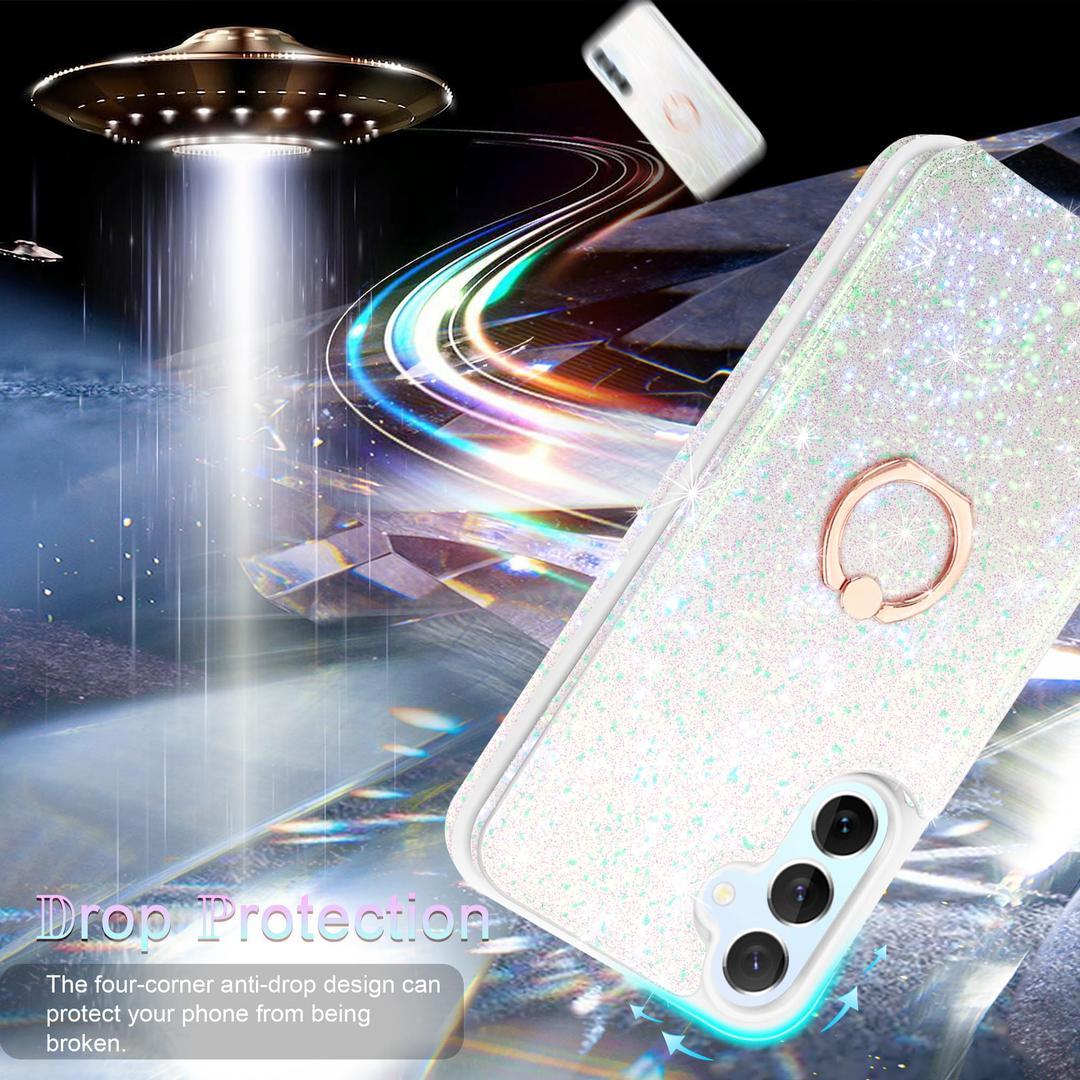 Casewind for Galaxy A15 5G Phone Case Wallet,with [Screen Protector+Camera Lens Protector] Sparkle Flip Cover with Card Holders 360°Ring Stand PU Leather Card Slots Case for Samsung A15 5G,White,2024