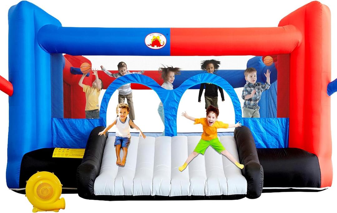 WELLFUNTIME Inflatable Bouncy Castle & Bounce House with Slide, 15.3ft x 14.7ft, Jumping Castle with Blower, Dartboard, Dual Basketball Hoop, Dual Kicking Boards, Jumping Area for 6 Kids