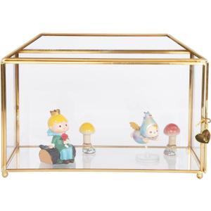 Golden Glass Lidded Box Decorative Jewelry Display Box Brass Clear Glass (Golden/Roof, 12.6" L x 5.9" W x 9" H)