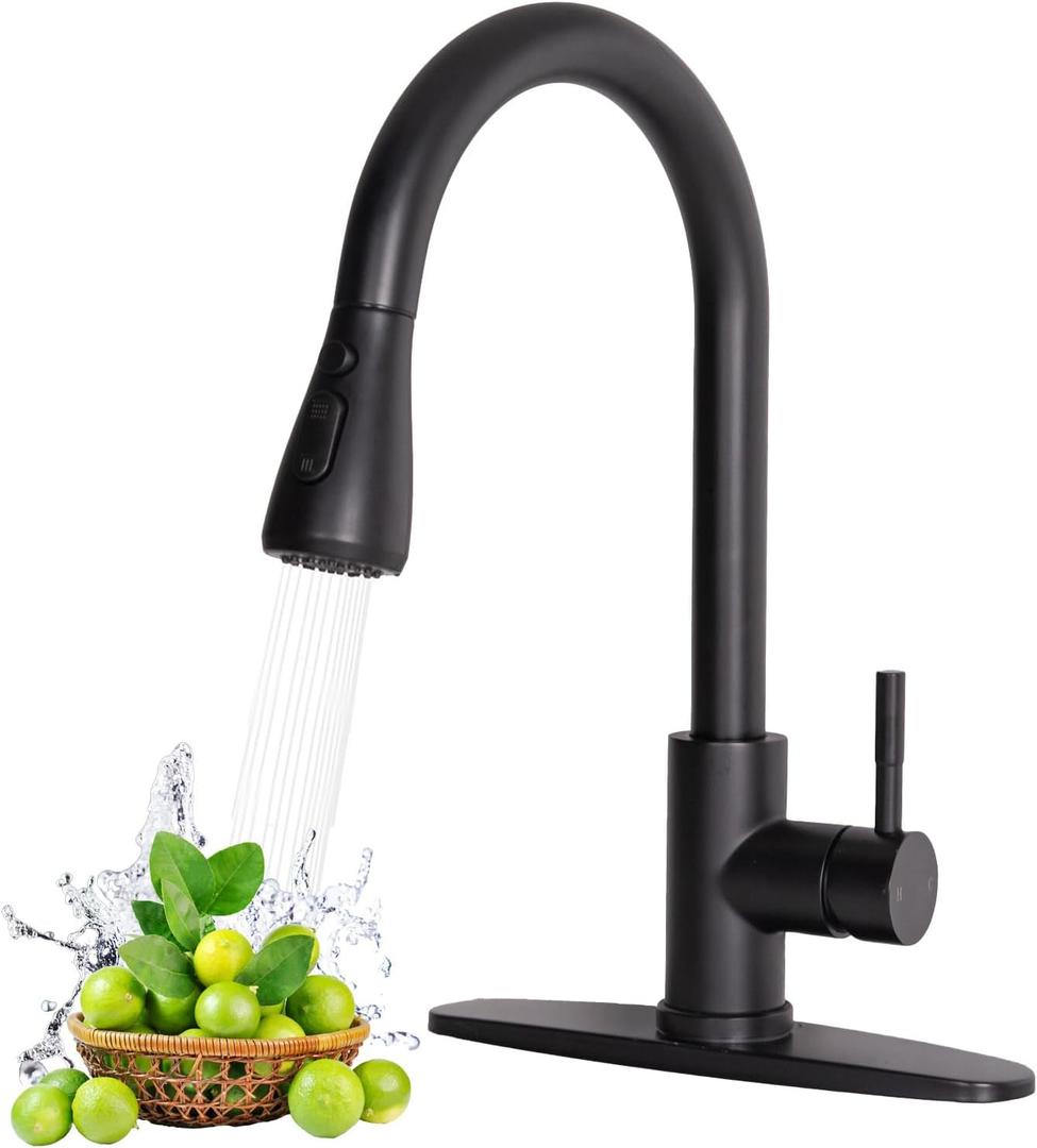 Black Kitchen Faucet, Single Handle Matte Black Kitchen Faucets with Pull Down Sprayer, Stainless Steel Suitable for 1 or 3 Hole Sinks for Farmhouse, RV, Laundry, Bar, HT-KYT010B-D, HT-KYT010B-D-new