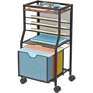 Rolling File Cart, 6-Tier Under Desk Organizer on Lockable Wheels, Brown Wood Planks & Mesh File Cart with Sliding Drawer and Paper Trays for Office Home School, 14.8" L x 11.8" D x 27.7" H (Brown Board)
