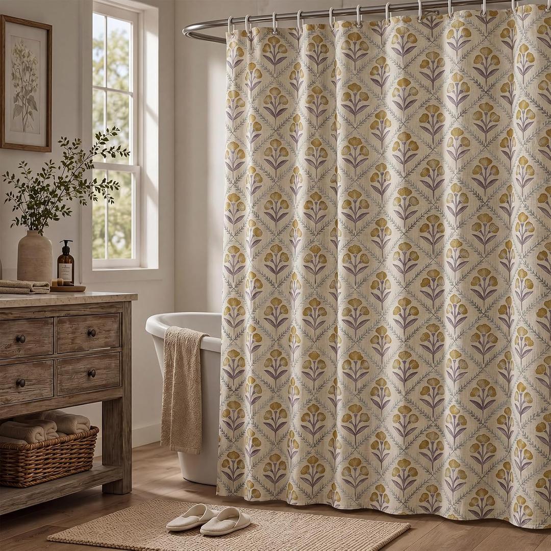 Frienda Vintage Floral Linen Blend Shower Curtain 72x72 Inches Mustard Yellow Rustic Farmhouse Bathroom Curtain with 12 Plastic Hooks Retro Botanical Print Bath Curtains for Bathroom