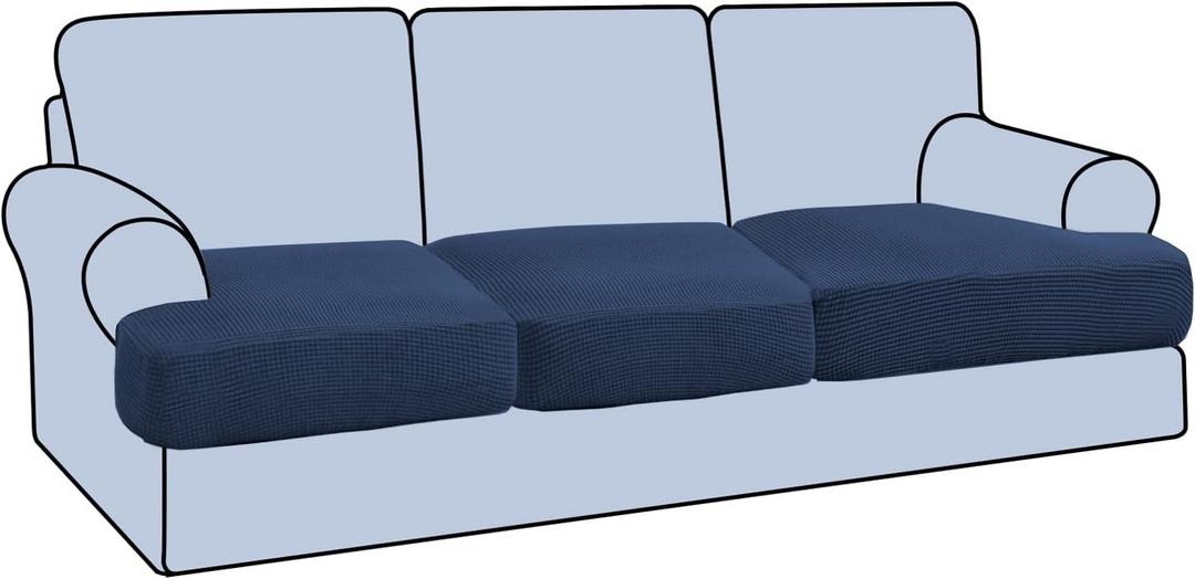 H.VERSAILTEX Stretch 3 Piece T Cushion Sofa Slipcovers Individually Sofa Cushion Covers for 3 Cushion Couch Sofa Seat Cushion Covers with Elastic Bands Featuring Thicker Jacquard Fabric, Navy