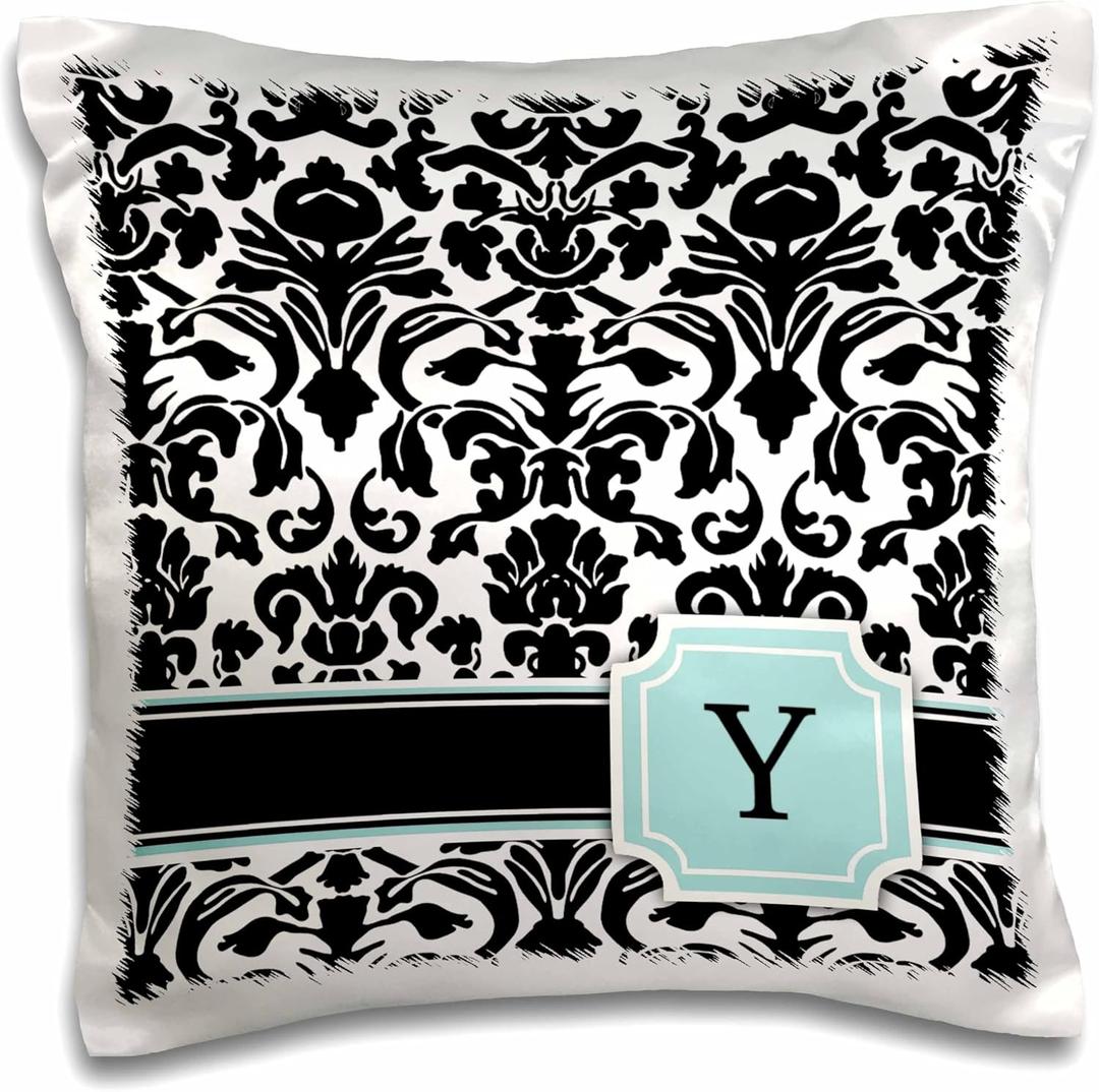 3D Rose Letter Y Monogrammed Mint Blue Damask Pattern-Classy Personalized Initial Design Pillowcase, 16" x 16", Black/White