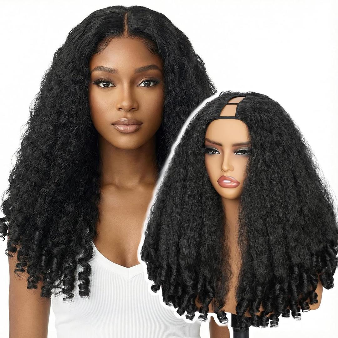 EINAEY Afro Curly V Part Wig, 1B 24" Synthetic Kinky V Part Wig, 180% Density Afro V Part with Curly Ends Wear and Go Glueless No Leave out Clip in